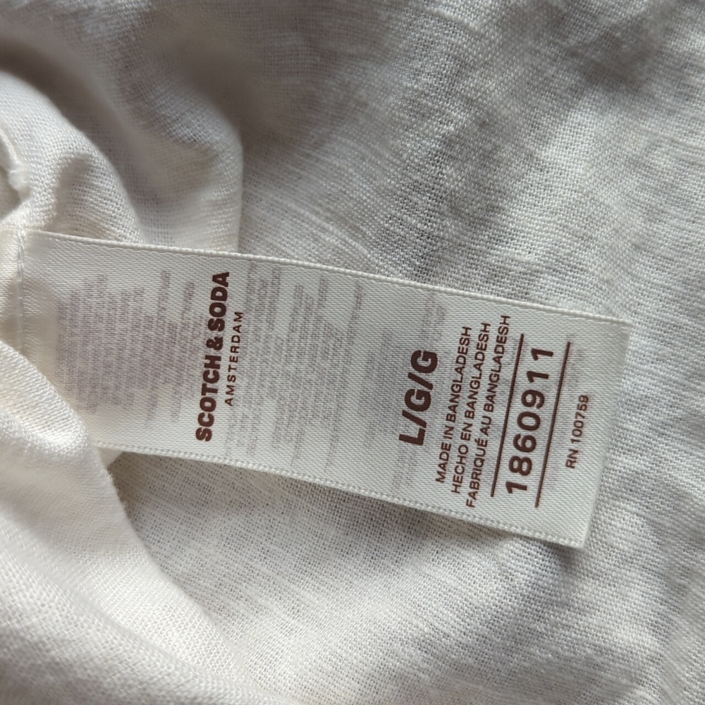 Scotch & Soda Men's Textured Linen Blend Cream Short Sleeve Button Down Shirt, L - Picture 8 of 10
